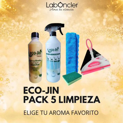 PACK 5 Limpieza ECOJIN+DIFUSOR+RASQUETA LIMPIA CRISTALES+BAYETA MICROFIBRA+ESTROPAJO CON ESPONJA. Eco-Jin concentrado/pack para
