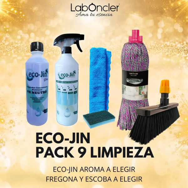 PACK 9 LIMPIEZA ECO-JIN +DIFUSOR+FREGONA +ESCOBA +BAYETA MICROFIBRA+ESTROPAJO CON ESPONJA