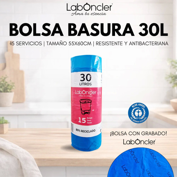 BOLSA DE BASURA 30L | 15 SERVICIOS | 55X60CM | RESISTENTE Y ANTIBACTERIANA