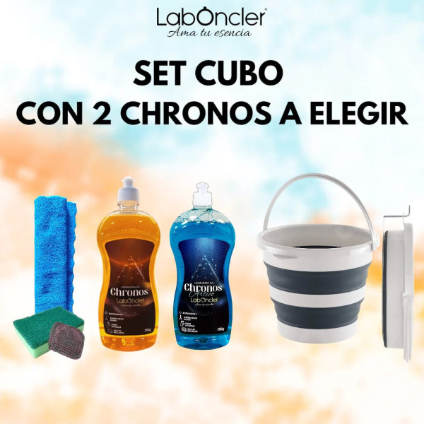 SET CUBO PLEGABLE+2 CHRONOS A ELEGIR+BAYETA MICROF.+ESTOPAJO CON ESPONJA+JABONOSO