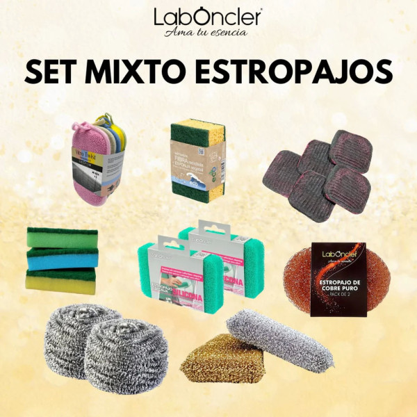 SET MIXTO DE ESTROPAJOS: COBRE 2-ESPONJA 3-JABONOSO 5-BIG INOX 2-FIBRA 2-SILICONA 2-ANTIRAYADURA 2-VITRO TWIST 5