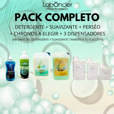 PACK COMPLETO: DETERGENTE + SUAVIZANTE + PERSEO + CHRONOS A ELEGIR + 3 DISPENSADORES. Compra online con IVA incluido.