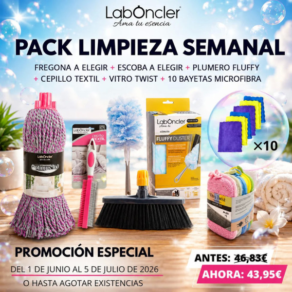 PACK LIMPIEZA SEMANAL: FREGONA A ELEGIR + ESCOBA A ELEGIR + PLUMERO FLUFFY + CEPILLO TEXTIL + VITROTWIST + 10 BAYETAS MICROFIBRA