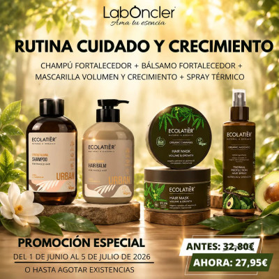 RUTINA CUIDADO Y CRECIMIENTO: CHAMPÚ FORTALECEDOR + BÁLSAMO FORTALECEDOR + MASCARILLA VOLUMEN Y CRECIMIENTO + SPRAY TÉRMICO