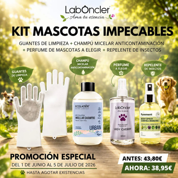 KIT MASCOTAS IMPECABLES: GUANTES LIMPIEZA + CHAMPÚ MICELAR ANTICONTAMINACIÓN + PERFUME MASCOTAS A ELEGIR + REPELENTE DE INSECTOS